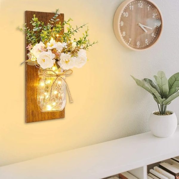 Rustic Wall Sconces Mason Jar Sconces Handmade Wall Art Hanging Design with Remote Control LED Fairy Lights and White Peony - Image 4