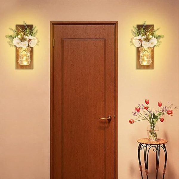 Rustic Wall Sconces Mason Jar Sconces Handmade Wall Art Hanging Design with Remote Control LED Fairy Lights and White Peony - Image 2